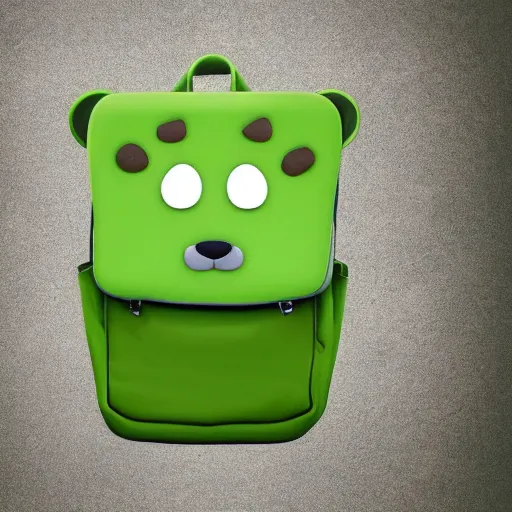 Image similar to big realistic bear standing on two legs, wearing big green bag at his bac, square backpack, photo realistic, high detail, smooth