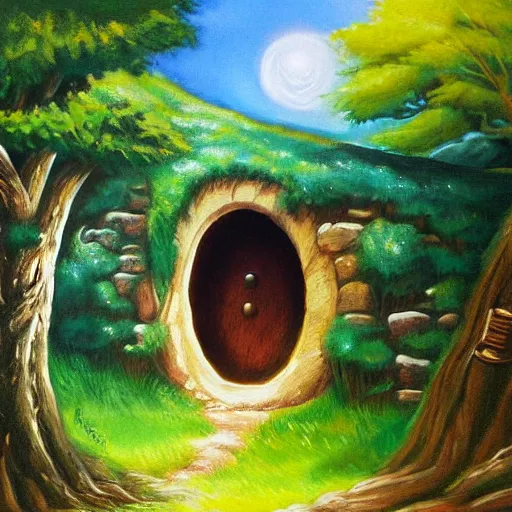 Image similar to landscape painting of bag end hobbit hole, round door, tolkein, lord of the rings, painting by bob ross