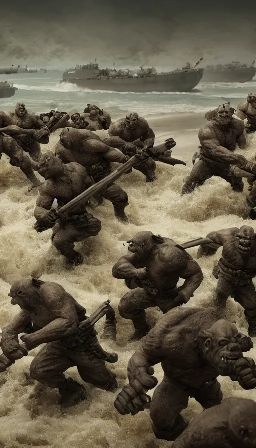 Image similar to Orcs storming the Beaches of Normandy during WW2, war-photography, film still, D-Day, dynamic action pose, insane detail, intricate, highly detailed, Zeiss Lens, DSLR photography, smooth, sharp focus, Unreal Engine 5, Octane Render, Redshift, 8K