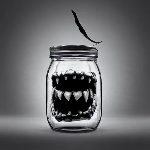 Image similar to Evil monster in a jar by Mike Francini, product photography, centered, studio lightning