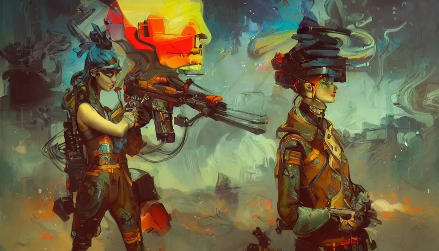 Image similar to psychedelic cyberpunk stylish woman soldier, allegorical style, by peter mohrbacher, jeremy mann, francoise nielly, van gogh, ross tran, beautiful, award winning scenery