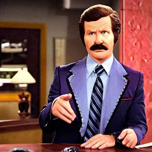 Image similar to a movie still of Alex Trebeck as Ron Burgundy in the movie Anchorman