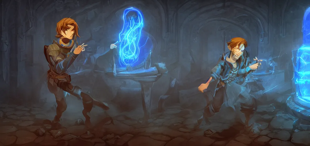 Image similar to 'stylized D&D wizard character, handsome young necromancer casting a spell to reanimate a corpse inside a dungeon chamber with eerie blue lighting'