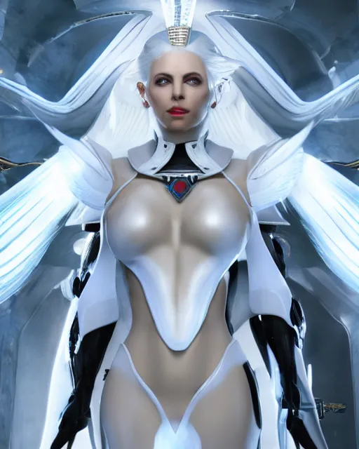 Prompt: perfect white haired attractive egyptian goddess with huge white dove wings, warframe armor, beautiful, engaging, symmetric, charlize theron, half asian, pretty face, blue eyes, scifi platform, laboratory, experiment, 4 k, ultra realistic, epic lighting, android body, illuminated, cinematic, masterpiece, art by akihito tsukushi, voidstar