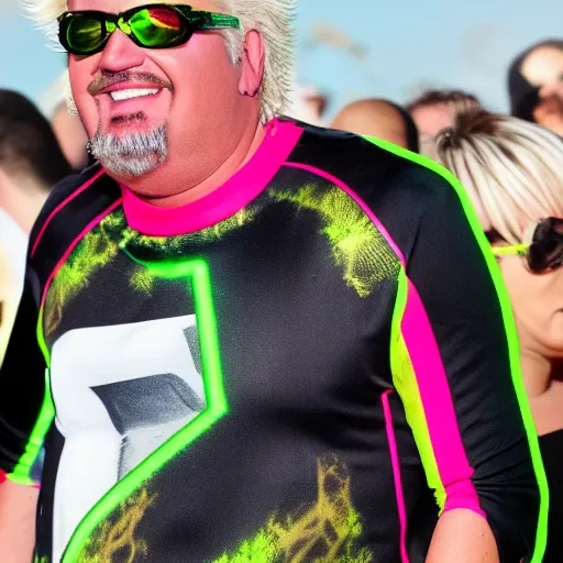 Image similar to guy fieri wearing a neon colored mesh crop top and pit vipers