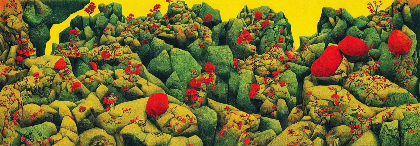 Image similar to a rock garden by m. c. escher, yellow, green, red, snowy, ultra sharp, ultra detailed, cyberpunk, happy, uplifting, colorized by salvador dali