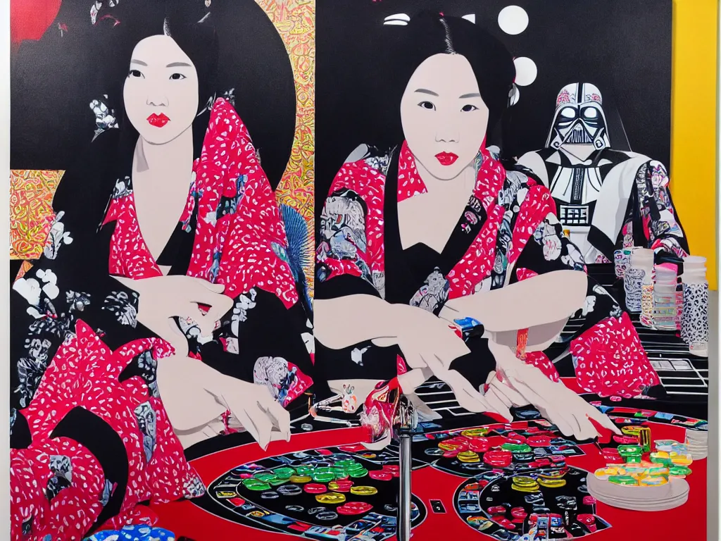 Image similar to hyperrealism composition of the detailed woman in a japanese kimono sitting at an extremely detailed poker table with darth vader, fireworks on the background, pop - art style, jacky tsai style, andy warhol style, acrylic on canvas