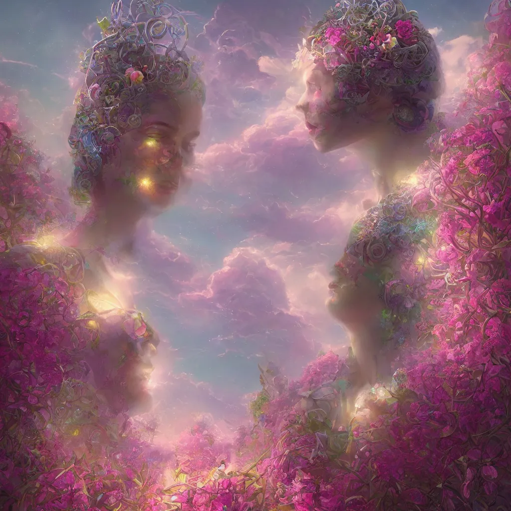Prompt: concept art, a goddess of world full of life divine thrill of the biological tranquil sky, atoms floating, cosmic horror, gothic harts, flowers, artwork by beeple and lisa frank fantasy, intricate, elegant, highly detailed, digital painting, artstation, concept art, art by artgerm and greg rutkowski
