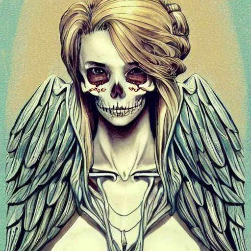 Prompt: anime manga skull portrait young woman with angel wings skeleton, intricate, elegant, highly detailed, digital art, ffffound, art by norman rockwell and sachin teng