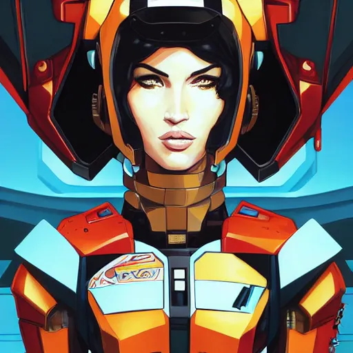 Image similar to portrait of stunning megan fox gundam pilot, with an intricate, detailed, urban inspired hiphop afro futuristic helmet, vector behance hd jesper ejsing, rhads, makoto shinkai, lois van baarle, ilya kuvshinov, rossdraws, hd, 3 2 k, ilya kuvshinov, gustav klimt