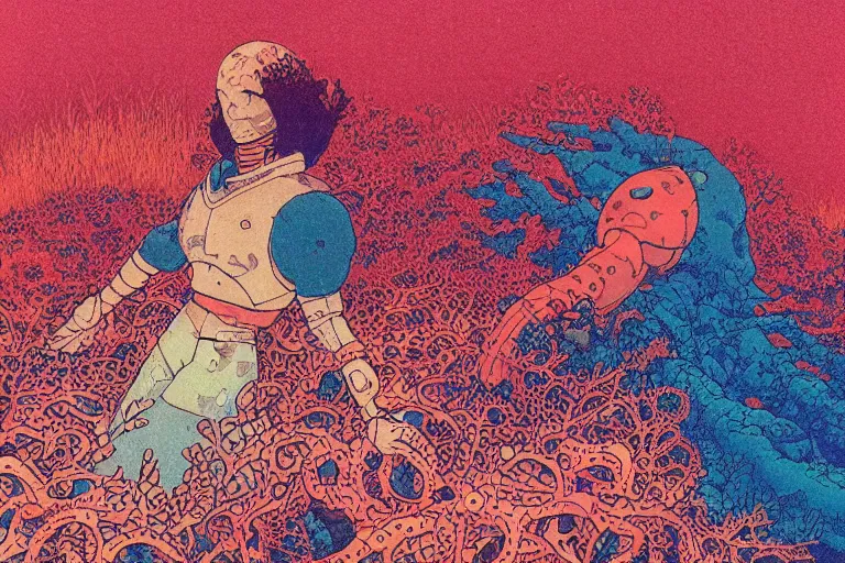 Image similar to risograph grainy drawing vintage sci - fi, satoshi kon color palette, gigantic gundam full - body covered in dead coral reef 1 9 6 0, kodak, with lot tentacles, natural colors, codex seraphinianus painting by moebius and satoshi kon and dirk dzimirsky close - up portrait