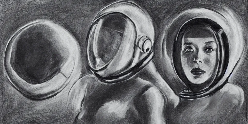 Image similar to charcoal portrait of a woman wearing a space helmet, scifi, big clouds visible in the background, stars in the sky, high contrast, deep black tones, charcoal smears