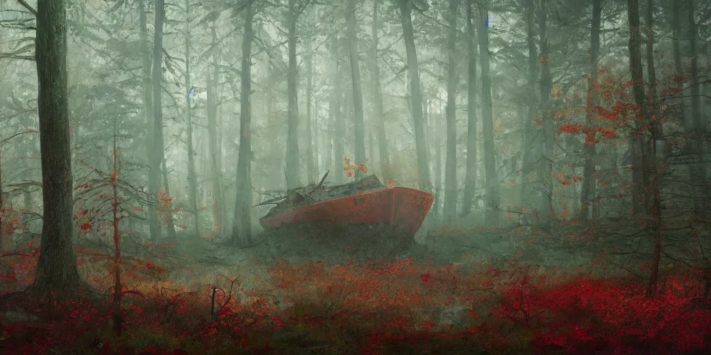 Image similar to an old broken ship in an autumn forest, green and red tones, by Aron Wiesenfeld and beksincki, cinematic, detailed illustration, nature, fog, dark colors, suspense, intricate, 8k