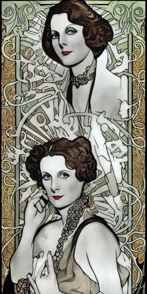 Image similar to Greta Garbo in the style of Mucha