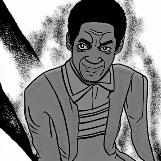 Prompt: bill cosby, in the style of manga, black and white, detailed, serious, epic