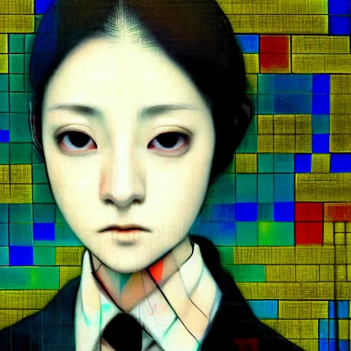 Image similar to yoshitaka amano blurred and dreamy realistic three quarter angle portrait of a young woman with short hair and black eyes wearing office suit with tie, junji ito abstract patterns in the background, satoshi kon anime, noisy film grain effect, highly detailed, renaissance oil painting, weird portrait angle, blurred lost edges