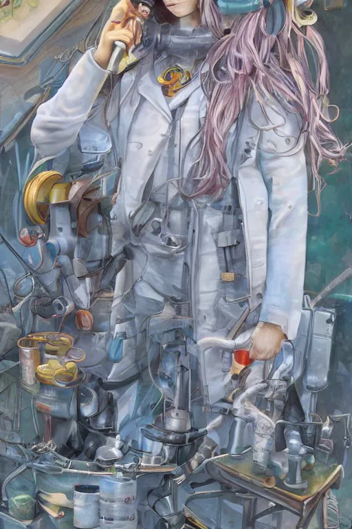 Image similar to highly detailed, industrial photography, profile view of adult princess bubblegum from adventure time, working in her science lab, wearing lab coat, long bubblegum hair, long straight bangs, confident, beautiful, attractive, illustration concept art by nicoletta ceccoli, mark ryden, lostfish, detailed and intricate environment, 8 k resolution, hyperrealistic, octane render