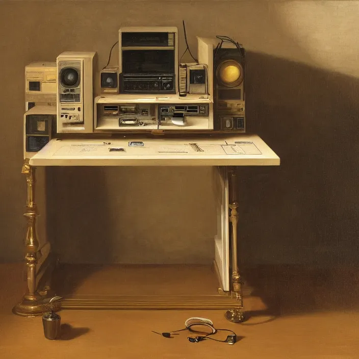 Prompt: still life painting of a retro electronics supercomputer desk workstation by pieter claesz, oil on canvas, strong lighting, highly detailed, hyper realism, golden hour, god rays, hd, 4 k