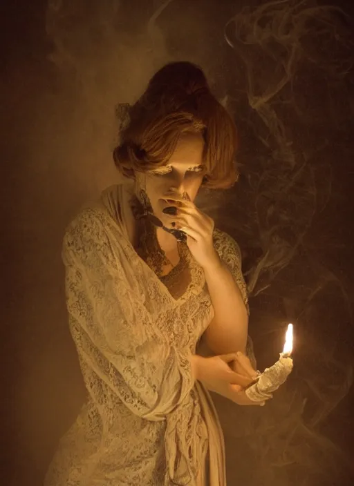 Prompt: a sculpture of a woman in a dark room wearing lace smoking a cigarette advertisement photography by mucha, candlelight, pagan, extremely coherent, sharp focus, elegant, sharp features, render, octane, detailed, award winning photography, masterpiece, rim lit, ivory