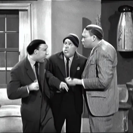 Prompt: Live Action Still of Jerma985 in The Three Stooges as a Fourth Stooge, real life, hyperrealistic, ultra realistic, realistic, highly detailed, epic, HD quality, 8k resolution, body and headshot, film still