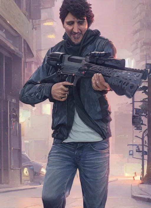 Image similar to highly detailed portrait justin trudeau in street gang attire holding ar - 1 5! in gta v stephen bliss unreal engine fantasy art by greg rutkowski loish rhads ferdinand knab makoto shinkai lois van baarle ilya kuvshinov rossdraws tom bagshaw global illumination radiant light detailed intricate environment