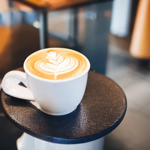 Image similar to a cup of latte in a toilet - shaped mug, fresh bakeries in the background, in a bright cafe, 3 5 mm, f 1. 8