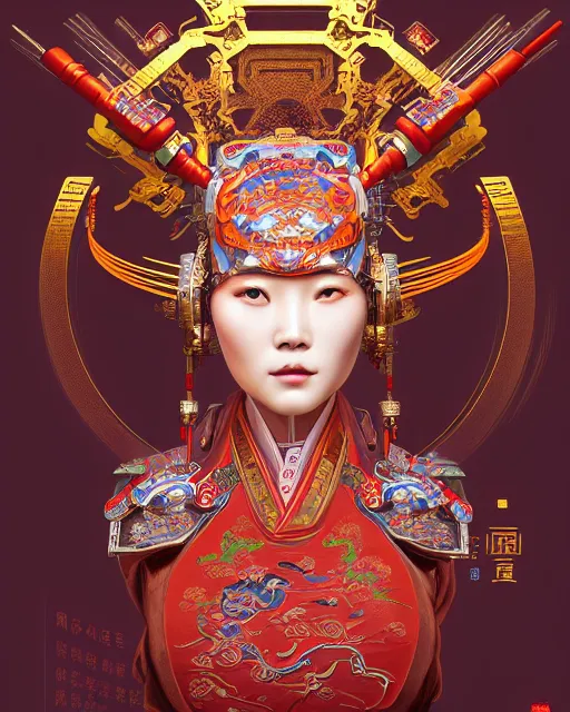 Image similar to portrait of a chinese cyberpunk machine, machine face, arms, upper half portrait, decorated with chinese opera motifs, regal, asian, fine china, wuxia, traditional chinese art intricate intense elegant 京 剧 highly detailed digital painting artstation concept art smooth sharp focus illustration, art by artgerm and greg rutkowski alphonse mucha 8 k