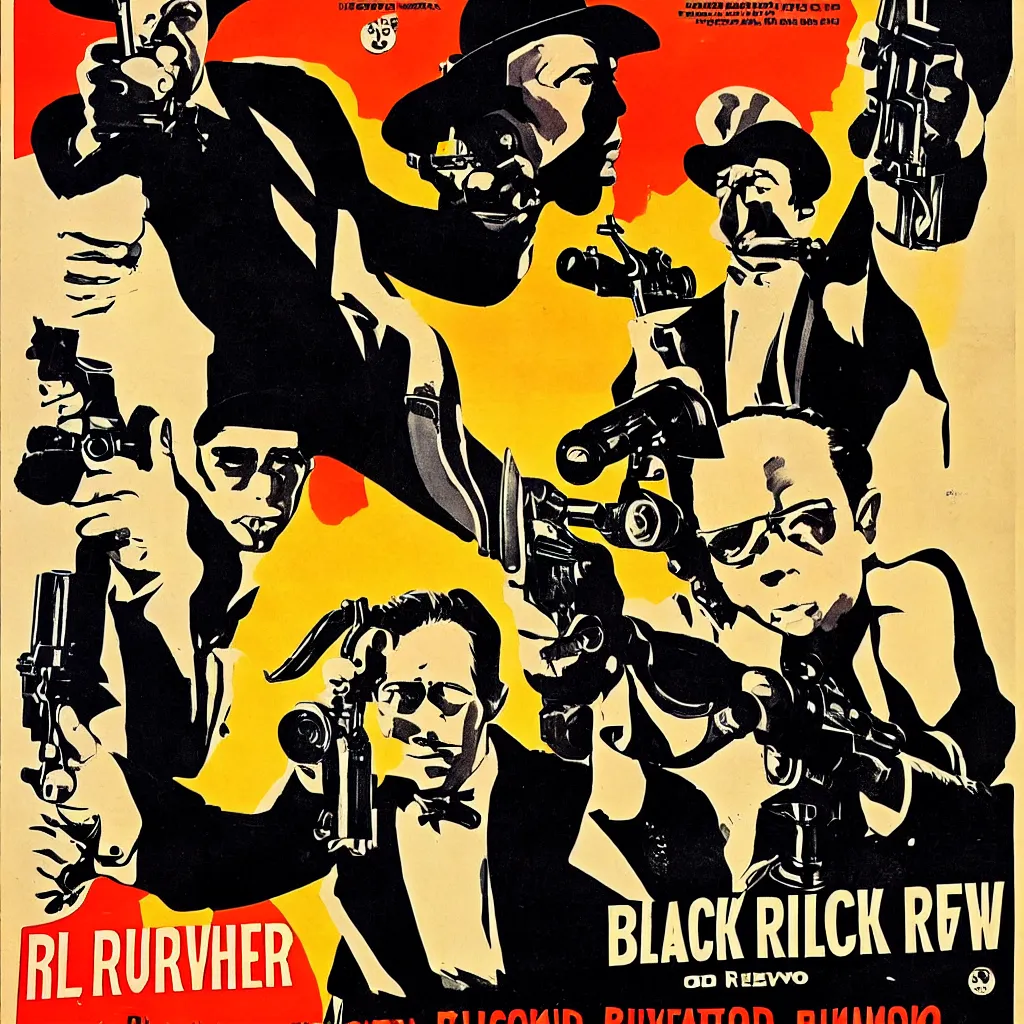 Image similar to black revolver in a hand, retro movie poster