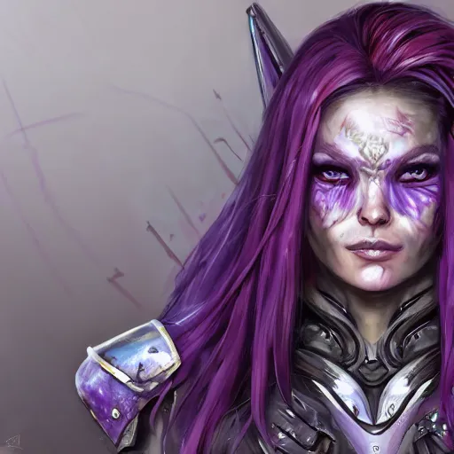 Prompt: extreme close up portrait of a beautiful woman with purple hair in sci - fi armor, sylvanas windrunner, stoic, powerful, by benedick bana and artur bordalo and tom bagshaw and craig davison and guy denning and harumi hironaka, trending on artstation hq, deviantart, pinterest, 4 k uhd image