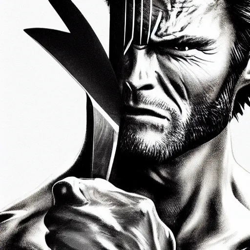 Image similar to Clint Eastwood as Wolverine, stabbing Sabertooth with sharp metal pieces from his fist, angry face, hyper realistic, high detail skin