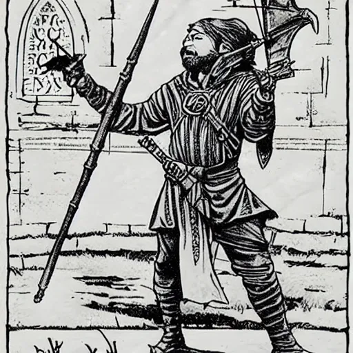 Image similar to Robin Hood character stamp in medieval style by frank godwin and moebius, ink outline, charcoal on paper, exlibris, rubber stamp