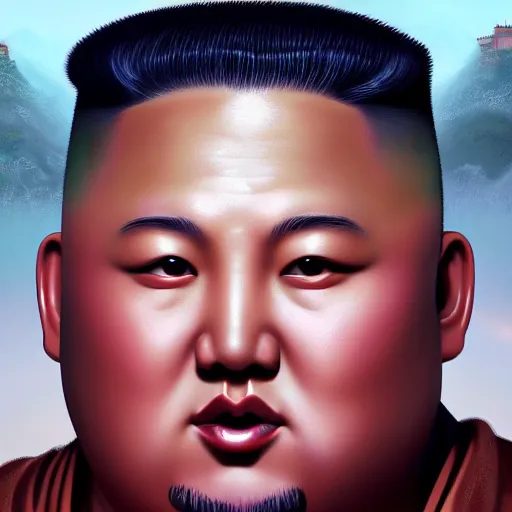 Image similar to portrait of kim - jong un as buddha, league of legends amazing splashscreen artwork, gears of war, splash art, natural light, elegant, photorealistic facial features, intricate, fantasy, detailed face, atmospheric lighting, anamorphic lens flare, cinematic lighting, league of legends splash art, hd wallpaper, ultra high details by greg rutkowski