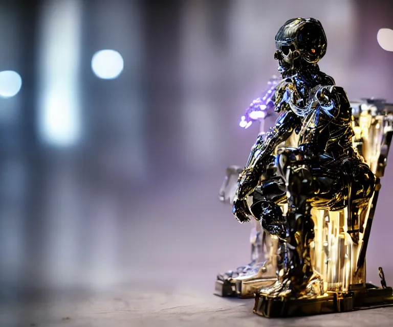 Prompt: semi - transparent glowing cyborg sitting on a metal throne, fantasy sci - fi, majestic lighting, metallic, 2 0 0 mm focus, bokeh