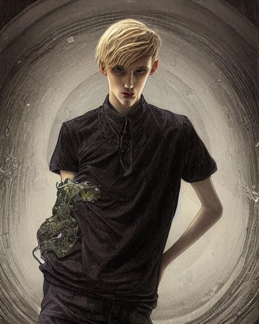 Image similar to portrait of 1 5 - year - old boy, a tall, slender boy with a pale, pointed face, sleek blond hair, and ice grey eyes, wearing black clothes, hyper realistic face, beautiful eyes, close up, fantasy art, in the style of greg rutkowski, intricate, alphonse mucha, hyper detailed, smooth