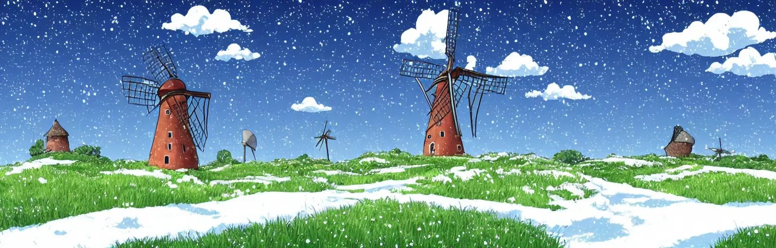 Image similar to beautiful countryside background with a windmill by studio ghibli, cute, winter