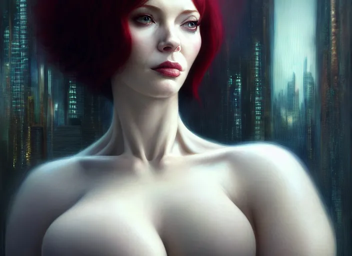 Image similar to body shot of christina hendricks in ghost in the shell, intricate, elegant, highly detailed, centered, digital painting, artstation, concept art, smooth, sharp focus, illustration, artgerm, tomasz alen kopera, peter mohrbacher, donato giancola, joseph christian leyendecker, wlop, boris vallejo