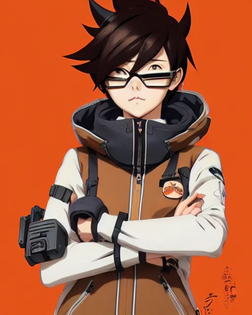 Image similar to Anime as Tracer Overwatch wearing brown leather coat; in orange-tinted snowboard mask || cute-fine-face, pretty face, realistic shaded Perfect face, fine details. Anime. realistic shaded lighting poster by Ilya Kuvshinov katsuhiro otomo ghost-in-the-shell, magali villeneuve, artgerm, Jeremy Lipkin and Michael Garmash and Rob Rey as Overwatch Tracer cute smile