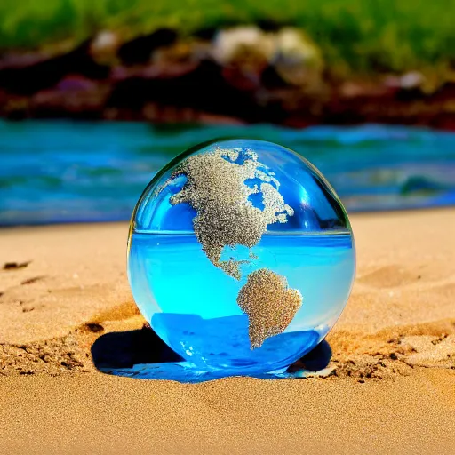 Prompt: a crystal clear glass sphere sits on the beach, a crab is standing on the beach behind the sphere, hd image