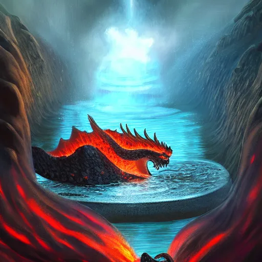 Prompt: commission of a beautiful digital painting of a feminine female dragon dragoness feral bathing wading in lava molten pool, atmospheric lighting, concept art, detailed, furaffinity, trending on artstation