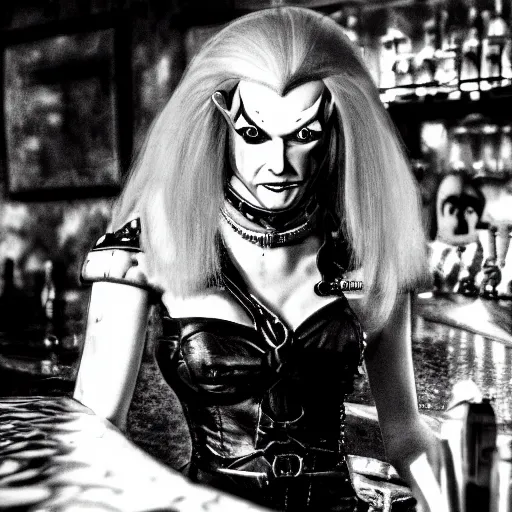 Prompt: evil zelda from terrahawks on a date in a bar black and white 3 5 mm realistic hdr cinematic