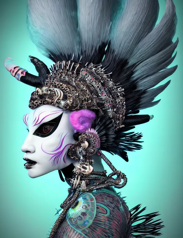 Image similar to 3 d goddess close - up profile portrait punk with mohawk with ram skull. beautiful intricately detailed japanese crow kitsune mask and clasical japanese kimono. betta fish, jellyfish phoenix, bio luminescent, plasma, ice, water, wind, creature, artwork by tooth wu and wlop and beeple and greg rutkowski