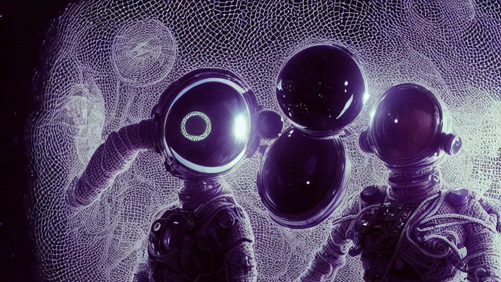 Image similar to a cybernetic symbiosis of a single astronaut eva suit made of wearing knitted yarn thread infected with diamond 3d fractal lace iridescent bubble 3d skin covered with insectoid compound eye camera lenses floats through the living room, film still from the movie directed by Denis Villeneuve with art direction by Salvador Dalí, wide lens,