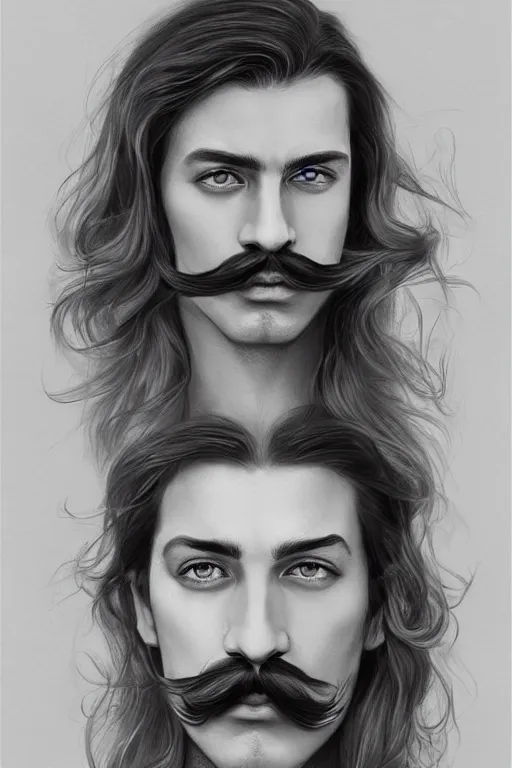 Image similar to a drawing of a man with long hair and a salvador dali mustache, an ultrafine detailed painting by Charlie Bowater, trending on Artstation, digital art, speedpainting, digital painting, artstation hq