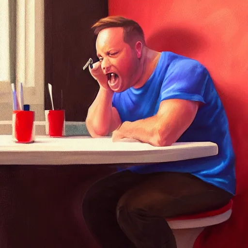 Prompt: painting of alex jones eating dinner on the toilet, full view, popular on artstation, artstationhd, artstationhq 8 k, volumetric lighting, super focused, no blur, trending on artstation, artstationhd, artstationhq, ultra detailed, by artgerm and james gurney, greg rutkowski,