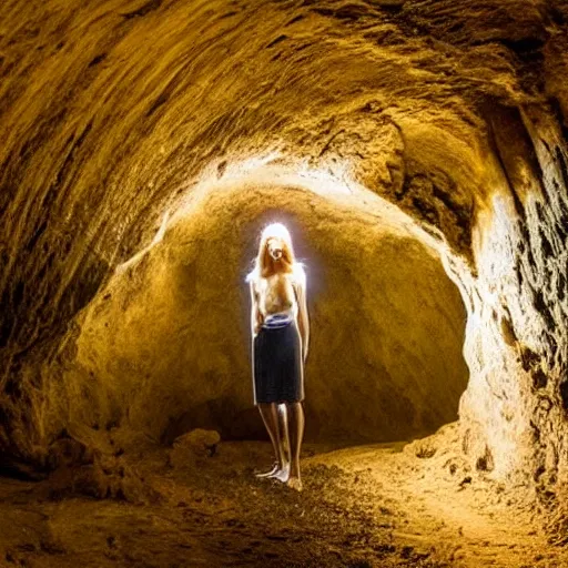 Image similar to stunning photo of the most beautiful woman in the world in a brightly lit underground cave