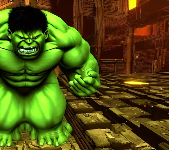 Image similar to hulk in the videogame doom, screenshot