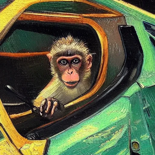 Image similar to a beautiful oil painting of a monkey in a lamborghini, 8k , award winning , made in 1800's , old , painted by vincent van gogh