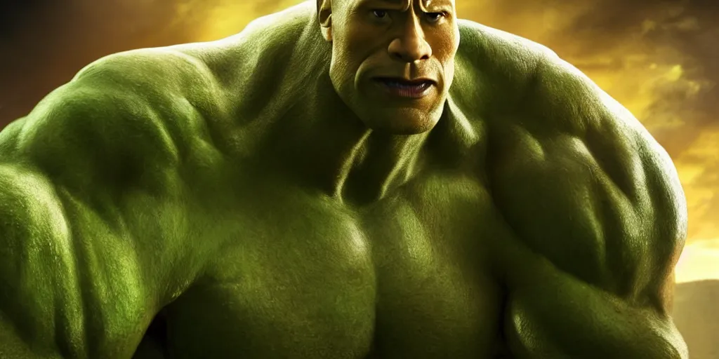 Image similar to dwayne johnson as incredible hulk, highly detailed, environmental light, cinematic by francis tneh