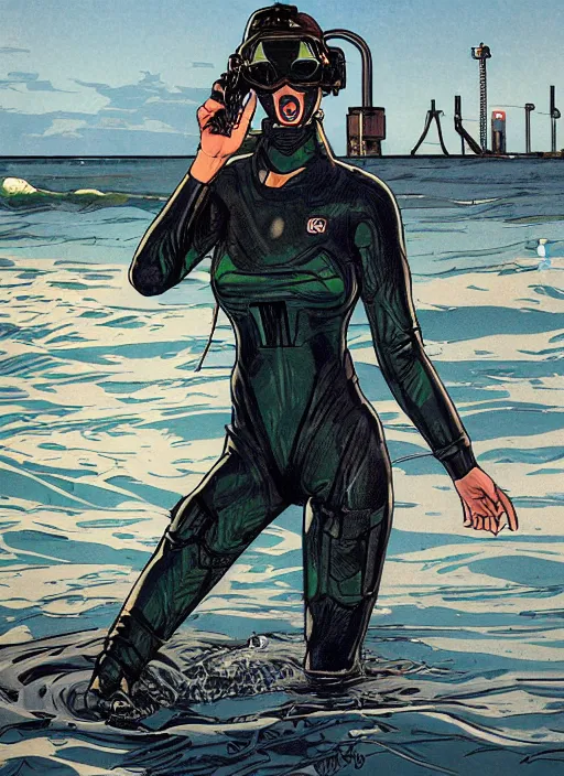 Prompt: Selina. Beautiful USN blackops operator emerging from water at the shoreline. Operator wearing Futuristic wetsuit and looking at an abandoned shipyard. Frogtrooper. rb6s, MGS, and splinter cell Concept art by James Gurney, Alphonso Mucha. Vivid color scheme.