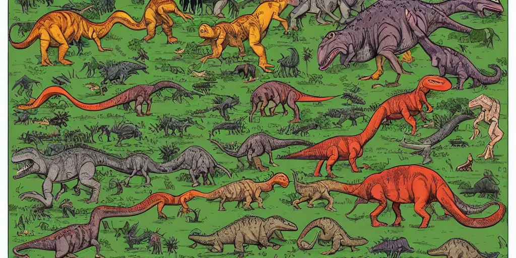Prompt: jurassic park dinosaurs by dan mumford